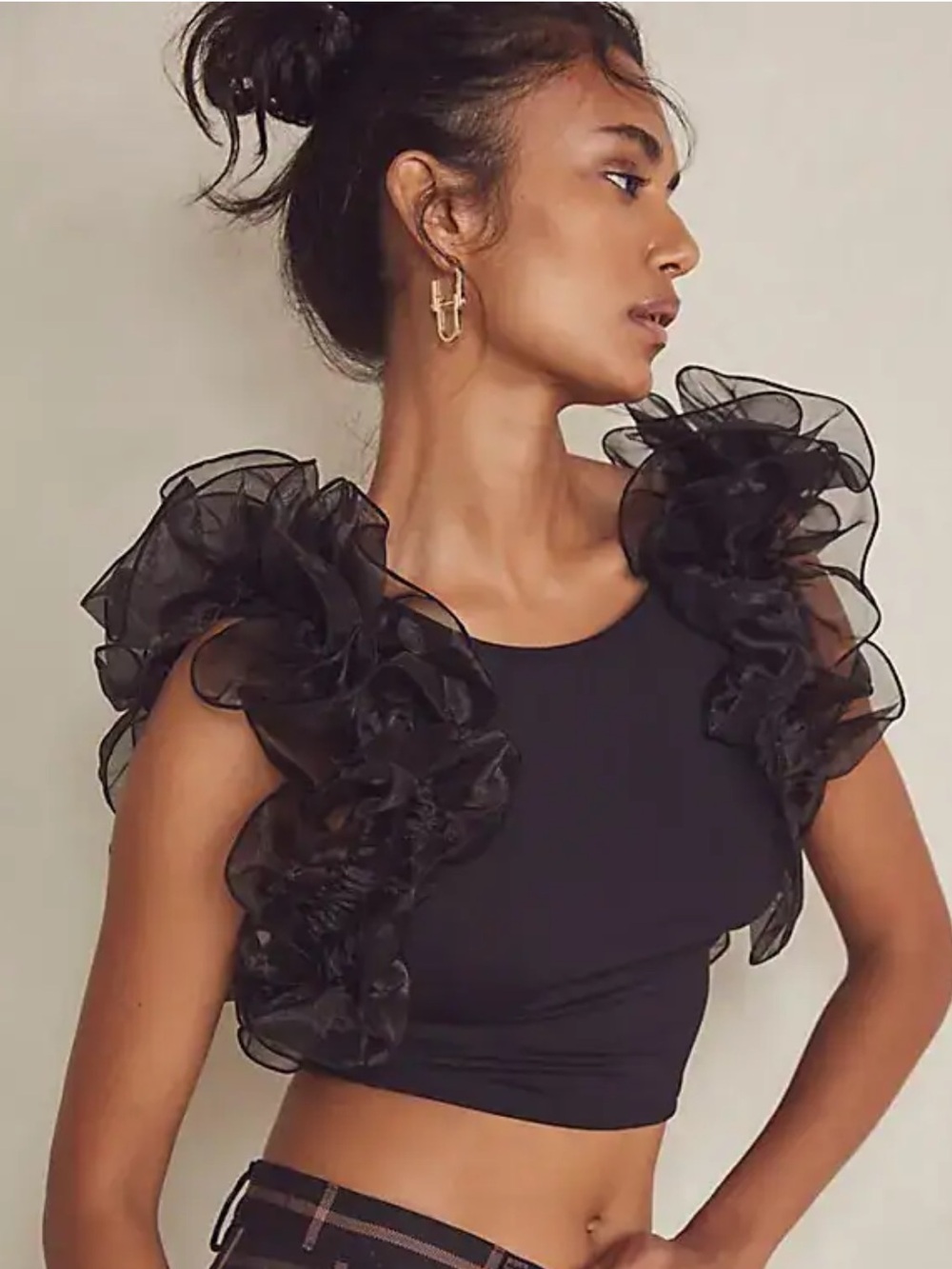 Free People Intimately House Party‎ Crop Top Ruffle Sleeve Size Small Black NEW